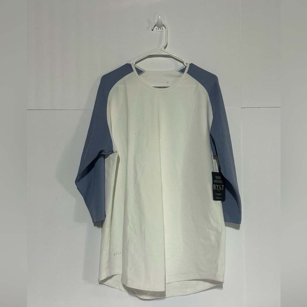 BYLT Premium Basics Lux 3/4 Baseball Drop Cut White and Blue Raglan Sleeve Shirt